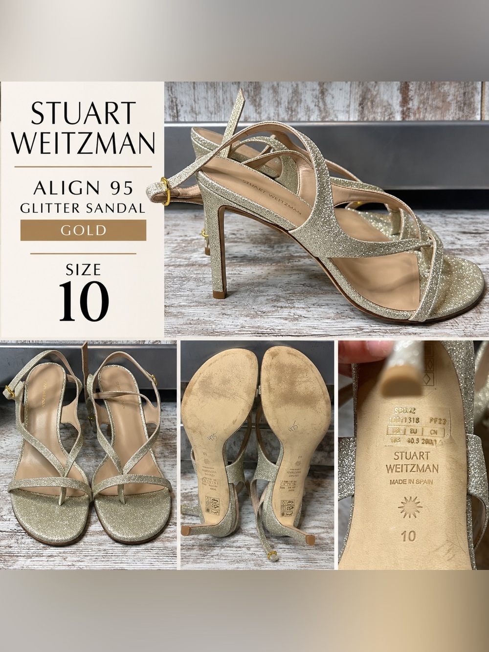 Stuart Weitzman Align 95 Glitter Sandals Women’s Size 10 Gold Strappy Heels
